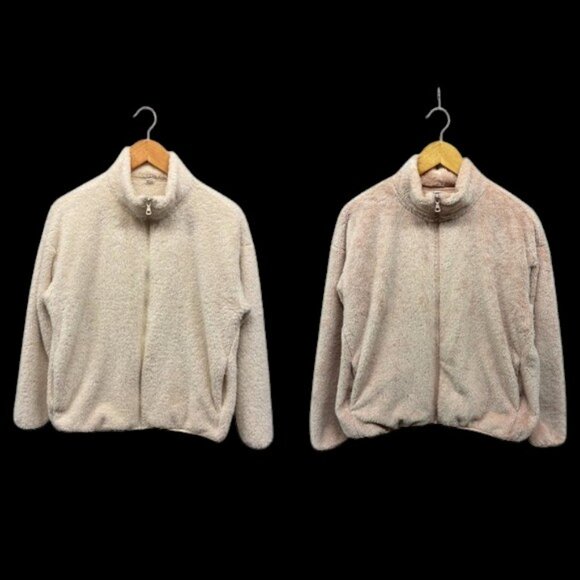 Uniqlo Women’s Sherpa Fleece Jacket Lot 2 Beige Pink Full Zip Soft Warm Size L - Picture 1 of 13